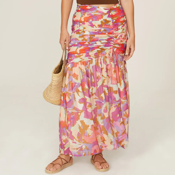 Nicholas Mabel Skirt Ruched Drawstring Slit Hem Midi Abstract Floral Size 14 - Picture 1 of 16